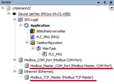 Gerätebaum mit Modbus TCP Master und Modbus Master COM Port CODESYS