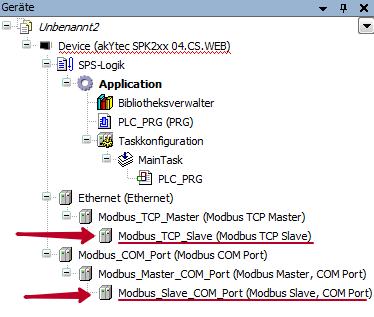 Gerätebaum mit Modbus TCP Slave und Modbus Slave COM Port CODESYS
