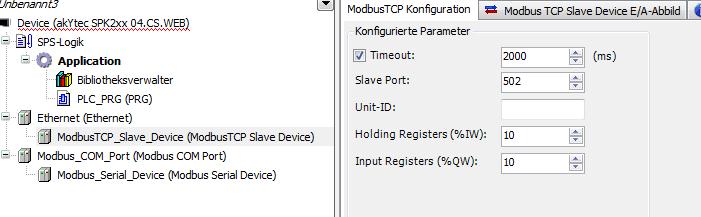 Modbus TCP als Slave COM Port Konfigurierung CODESYS